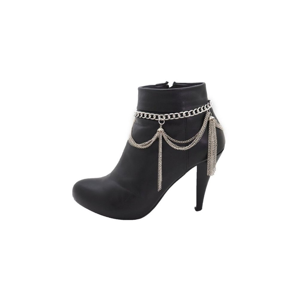 Women Silver Metal Chain Boot Bracelet Miami Beach Shoe Tassel Fringe Charms - Picture 4 of 12